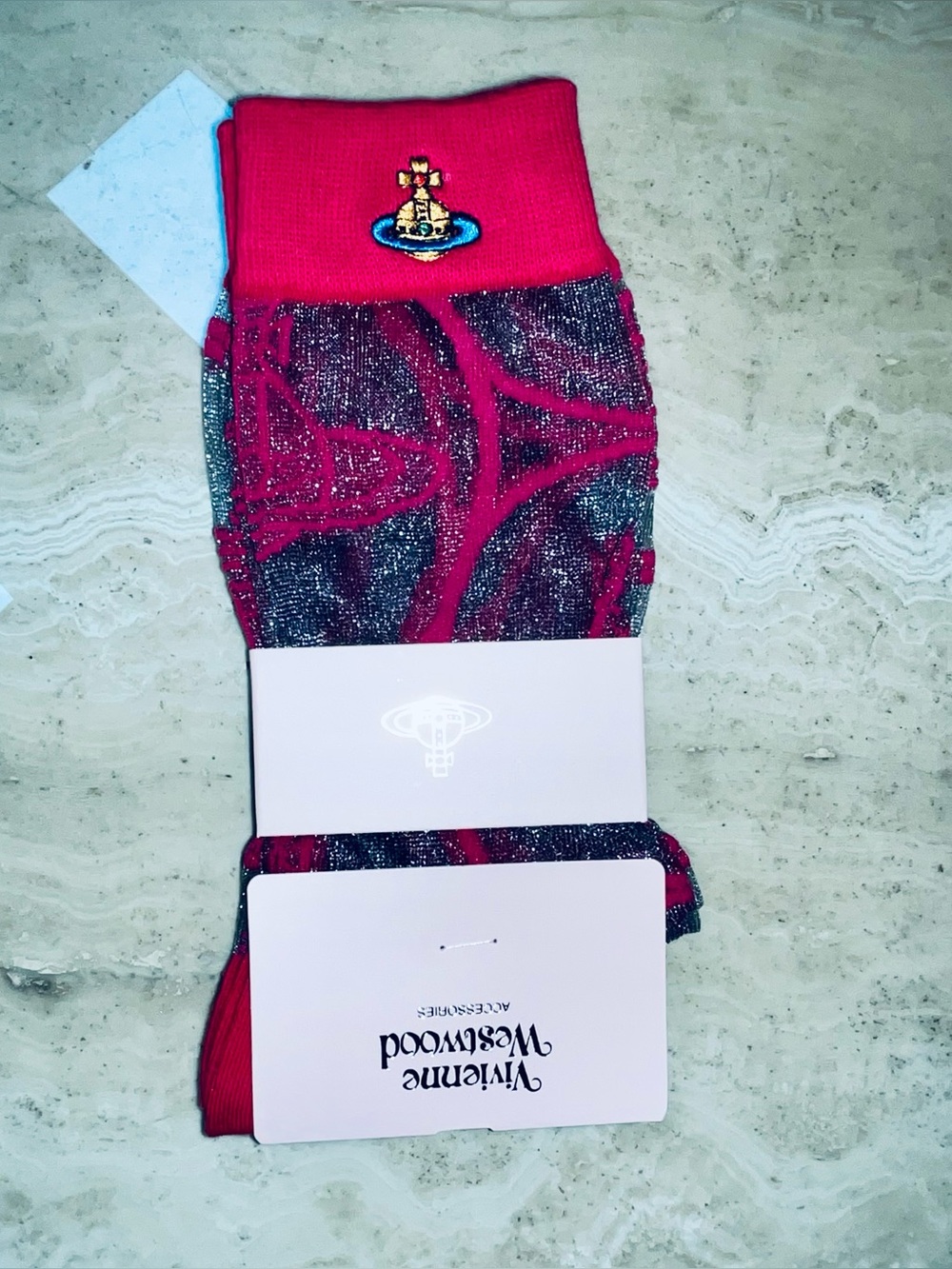 Vivienne Westwood Hot Pink & Black Metallic Mesh Saturn Orb Socks